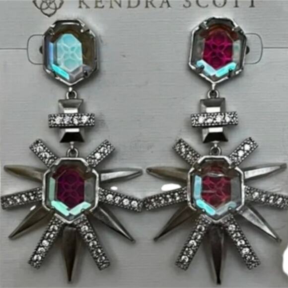 Kendra Scott Allie Statement Drop Earrings Silver Dichroic Glass New!! - Picture 3 of 9